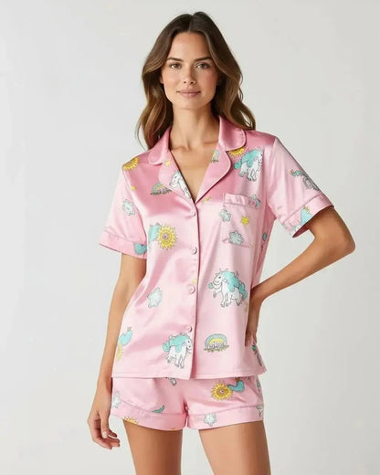 Dreamy Unicorn Print Pink Ice Silk Pajama Set OMFORT