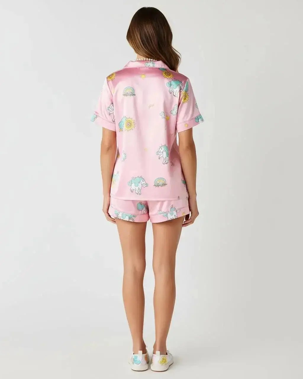 Dreamy Unicorn Print Pink Ice Silk Pajama Set OMFORT