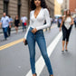 SOLACE  White Deep V-Neck Long Sleeve Slim Fit Casual Top?
