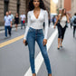 SOLACE  White Deep V-Neck Long Sleeve Slim Fit Casual Top?