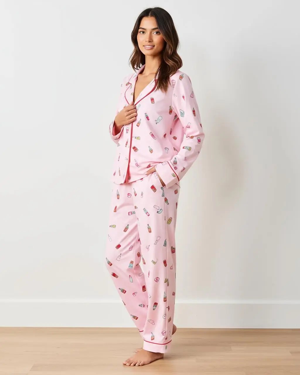 Funny Drink Pattern Lapel Pajama Set OMFORT