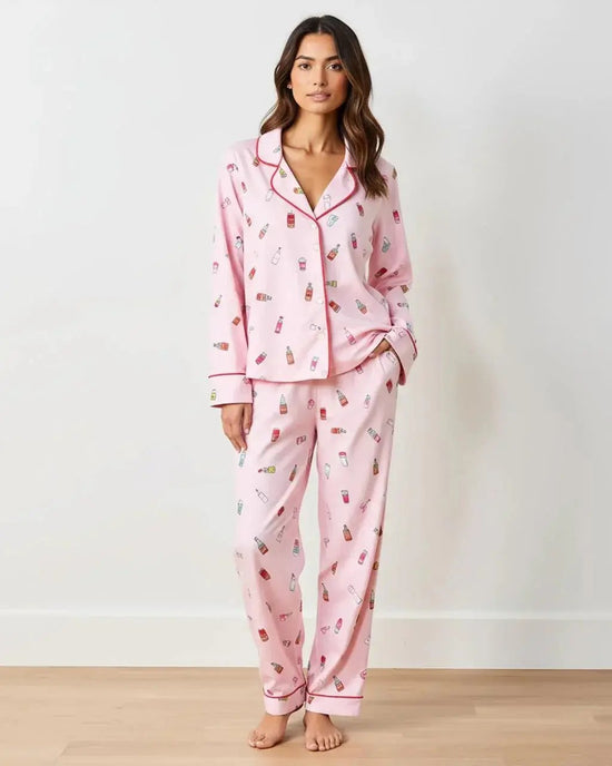 Funny Drink Pattern Lapel Pajama Set OMFORT