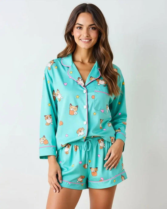 Mint Green Cute Animal Print Lapel Pajama Set OMFORT