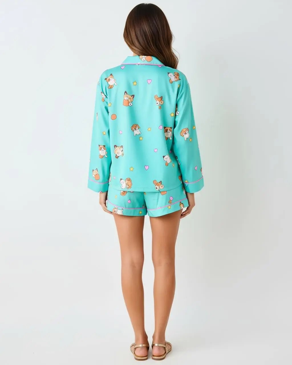 Mint Green Cute Animal Print Lapel Pajama Set OMFORT