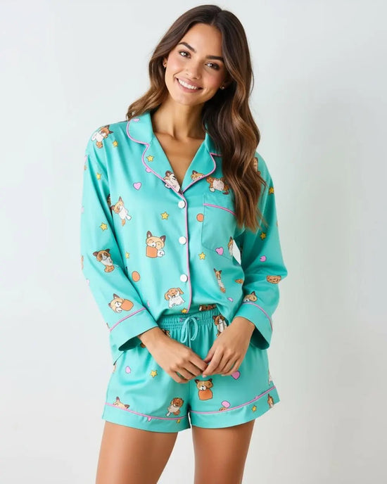Mint Green Cute Animal Print Lapel Pajama Set OMFORT