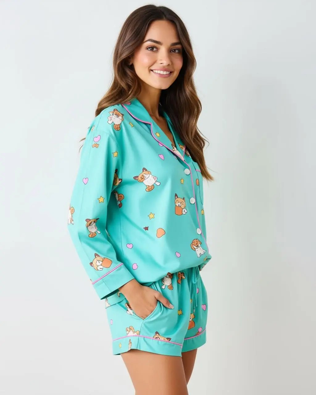 Mint Green Cute Animal Print Lapel Pajama Set OMFORT