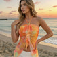 SOLACE  Orange Floral Print Halter Neck Ruffle Chiffon Asymmetrical Top?