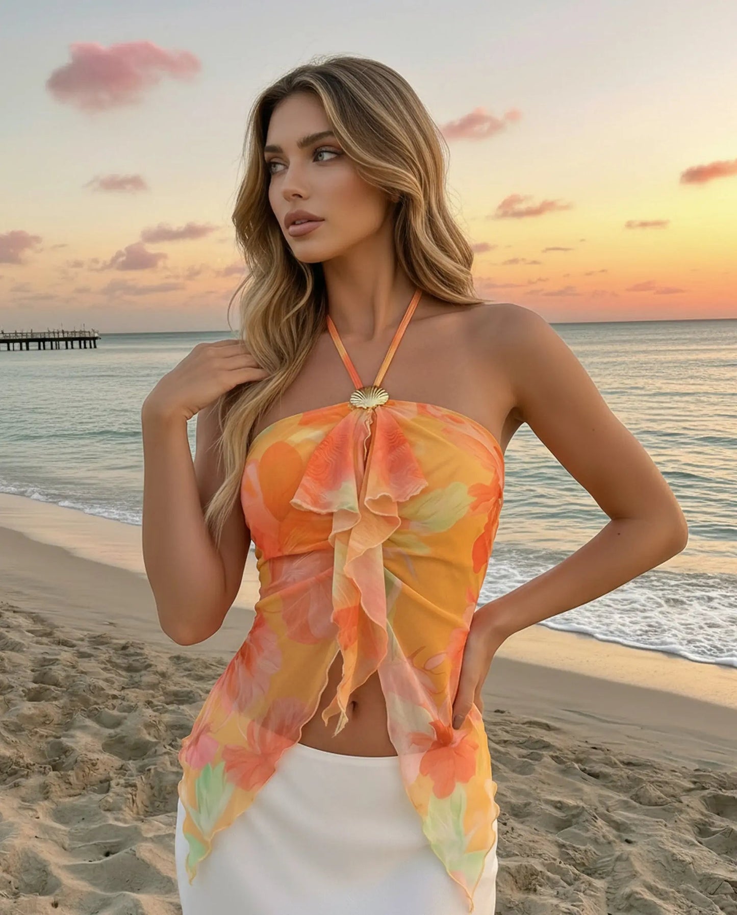 SOLACE  Orange Floral Print Halter Neck Ruffle Chiffon Asymmetrical Top?