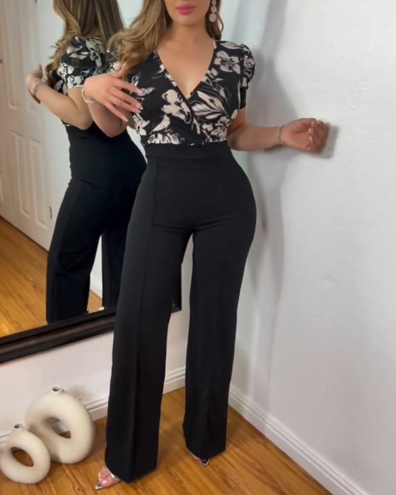 Colorblock Floral Print Spliced Deep V Neck Puff Sleeve Slim Fit Overalls Elegant Ruched Zipper Back Jumpsuit Omfort