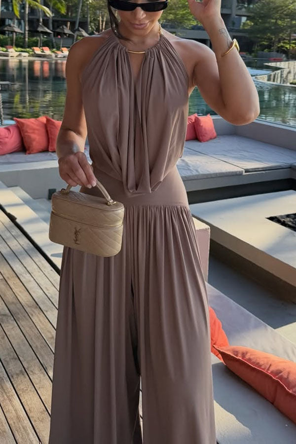 Lightweight Chic Metal Ring Drape Cowl Halter Neck Bodysuit and Elastic Waist Wide Leg Pants Set OMFORT