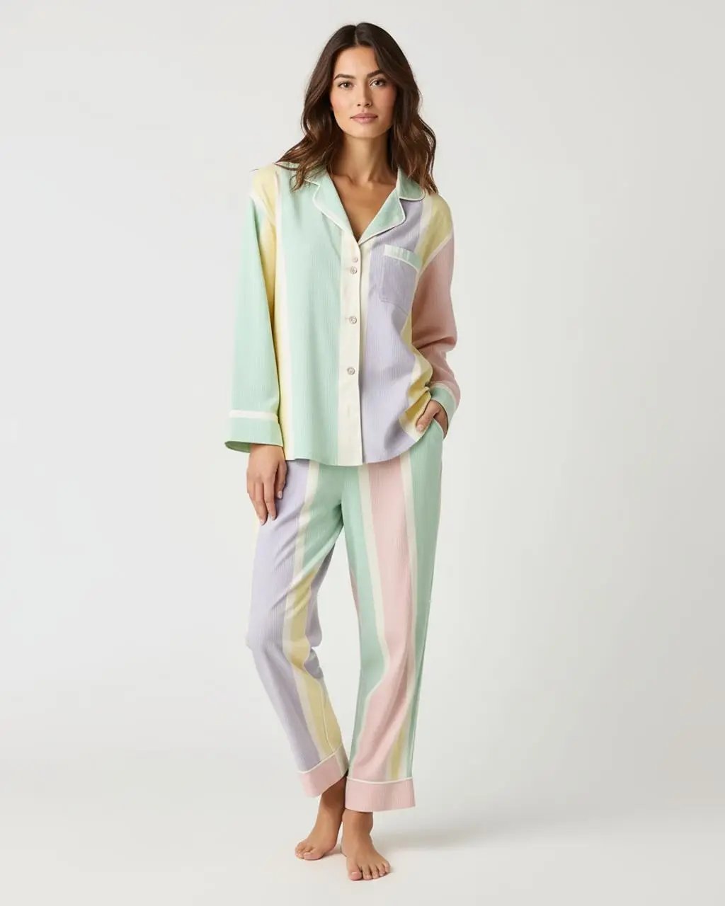 Striped Contrast-Color Long Pajama Set OMFORT
