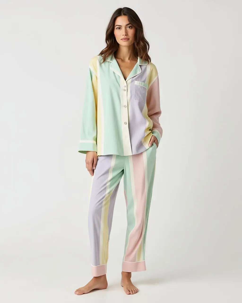 Striped Contrast-Color Long Pajama Set OMFORT