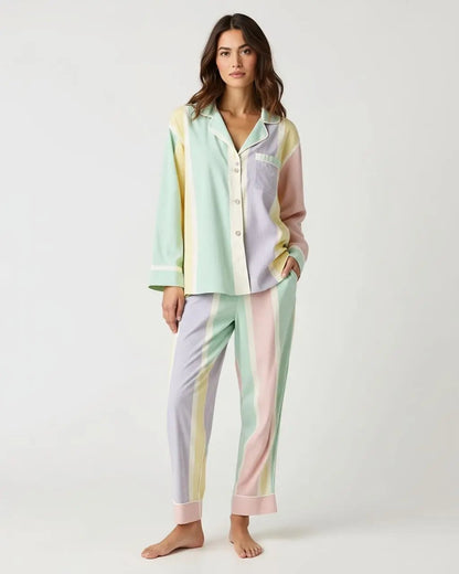 Striped Contrast-Color Long Pajama Set OMFORT