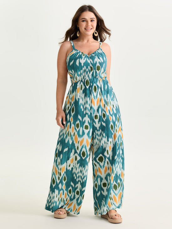 Abstract Print Spaghetti Strap Wide Leg Jumpsuit OMFORT