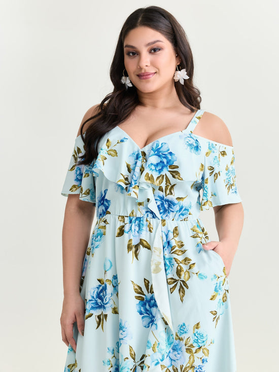 Floral Print Ruffled Cold-Shoulder Midi Dress OMFORT