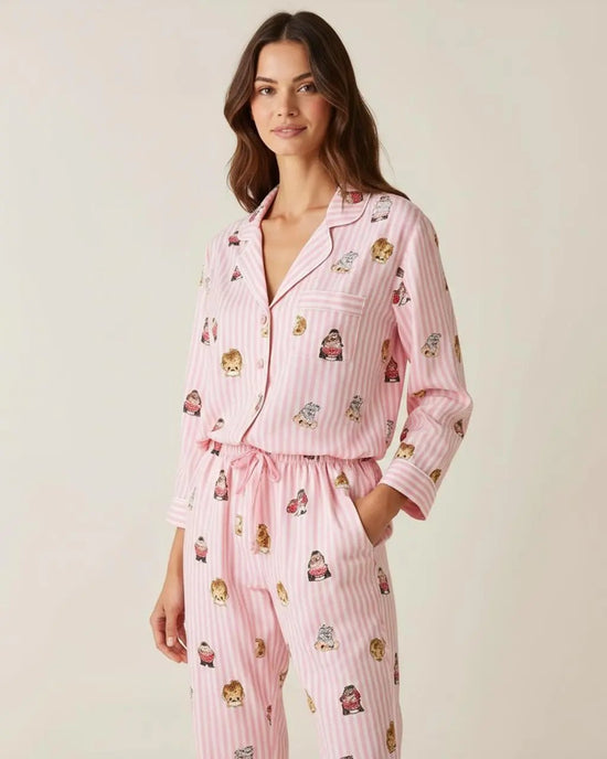 Fine Stripe Abstract Cute Print Lapel Tie-waist Pajama Set OMFORT