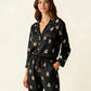 Fine Stripe Abstract Cute Print Lapel Tie-waist Pajama Set OMFORT