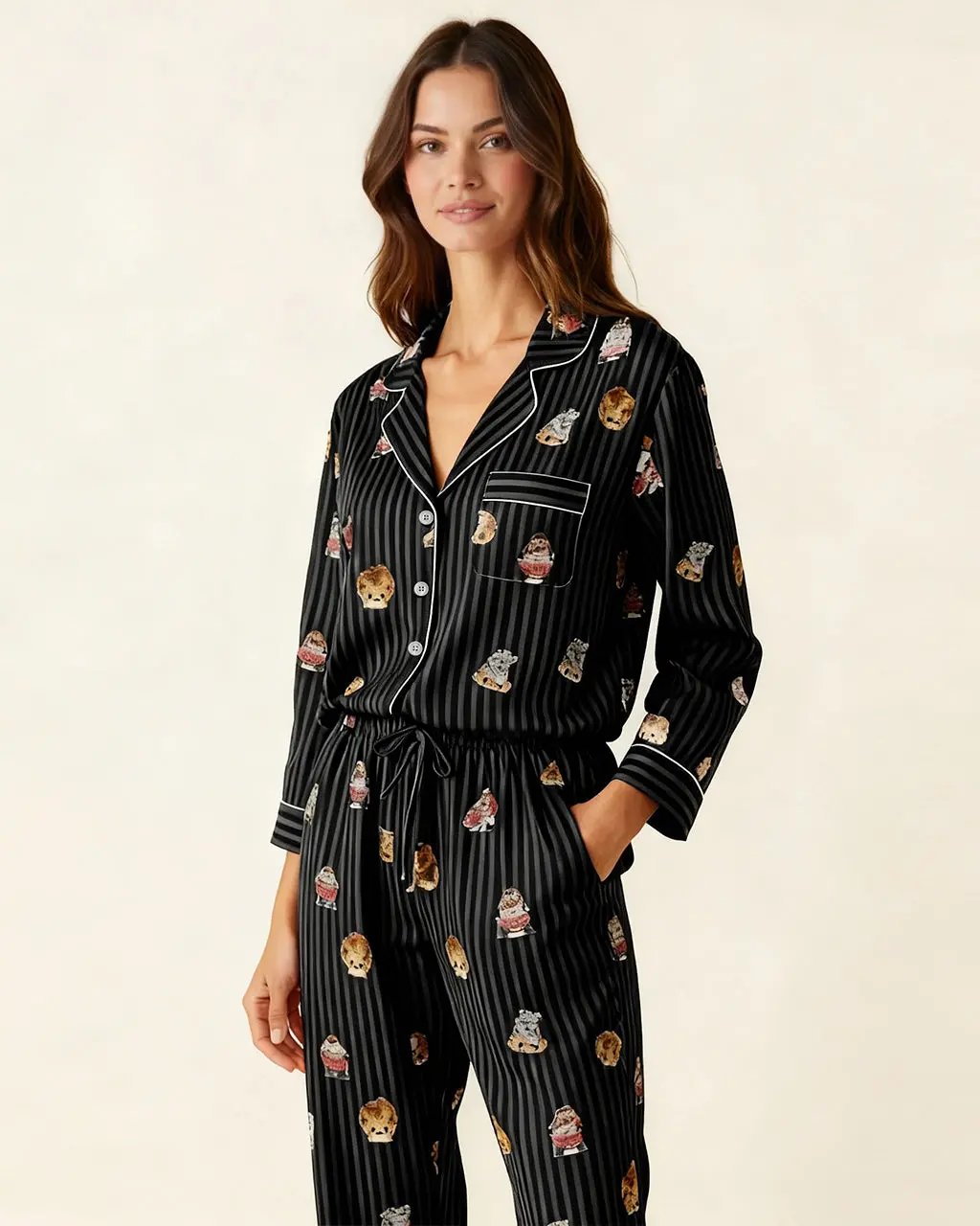 Fine Stripe Abstract Cute Print Lapel Tie-waist Pajama Set OMFORT