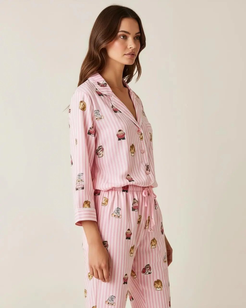 Fine Stripe Abstract Cute Print Lapel Tie-waist Pajama Set OMFORT