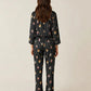 Fine Stripe Abstract Cute Print Lapel Tie-waist Pajama Set OMFORT