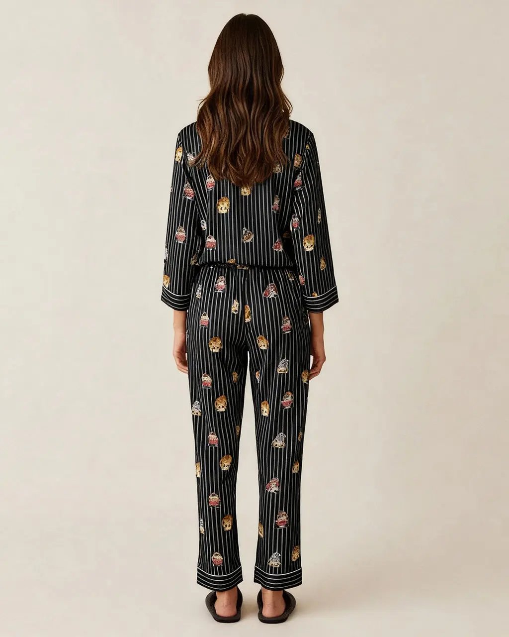 Fine Stripe Abstract Cute Print Lapel Tie-waist Pajama Set OMFORT