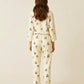 Fine Stripe Abstract Cute Print Lapel Tie-waist Pajama Set OMFORT