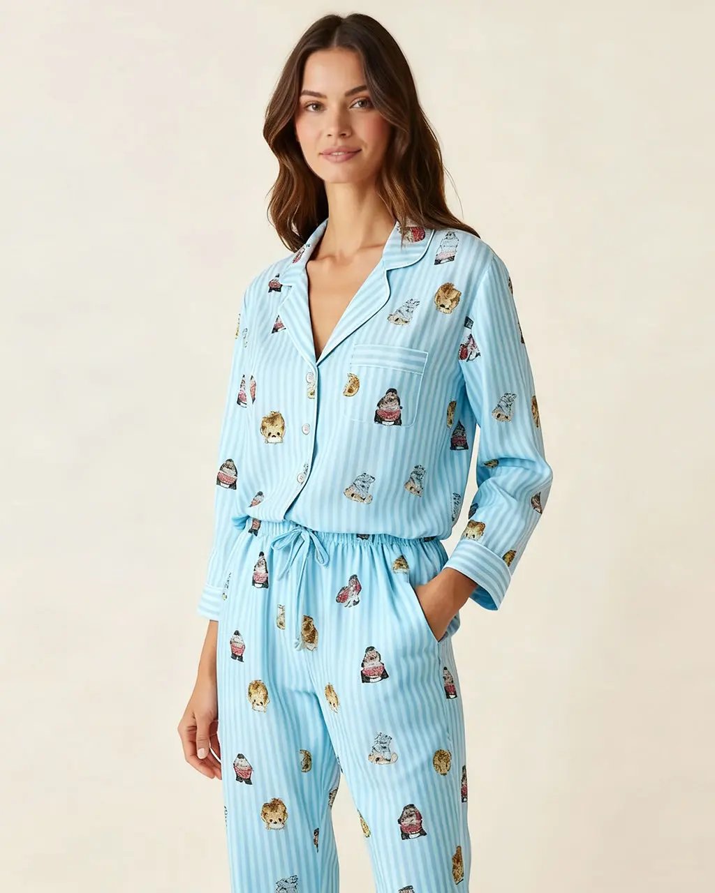 Fine Stripe Abstract Cute Print Lapel Tie-waist Pajama Set OMFORT