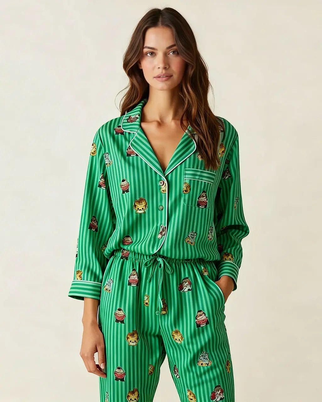 Fine Stripe Abstract Cute Print Lapel Tie-waist Pajama Set OMFORT