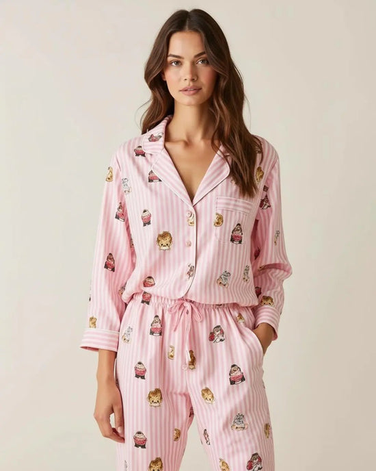 Fine Stripe Abstract Cute Print Lapel Tie-waist Pajama Set OMFORT