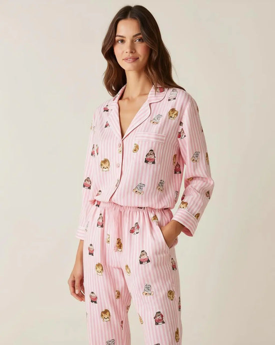 Fine Stripe Abstract Cute Print Lapel Tie-waist Pajama Set - OMFORT