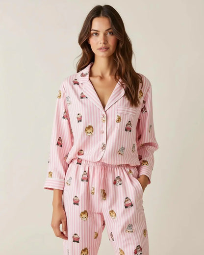 Fine Stripe Abstract Cute Print Lapel Tie-waist Pajama Set - OMFORT
