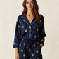 Fine Stripe Abstract Cute Print Lapel Tie-waist Pajama Set OMFORT
