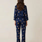 Fine Stripe Abstract Cute Print Lapel Tie-waist Pajama Set OMFORT