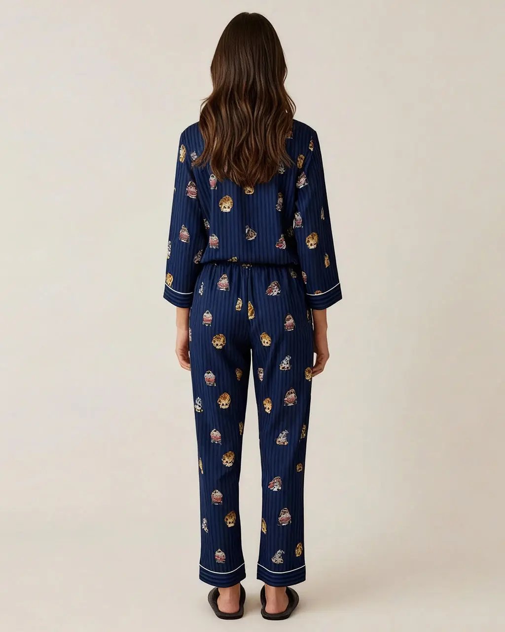 Fine Stripe Abstract Cute Print Lapel Tie-waist Pajama Set OMFORT