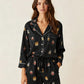Fine Stripe Abstract Cute Print Lapel Tie-waist Pajama Set OMFORT