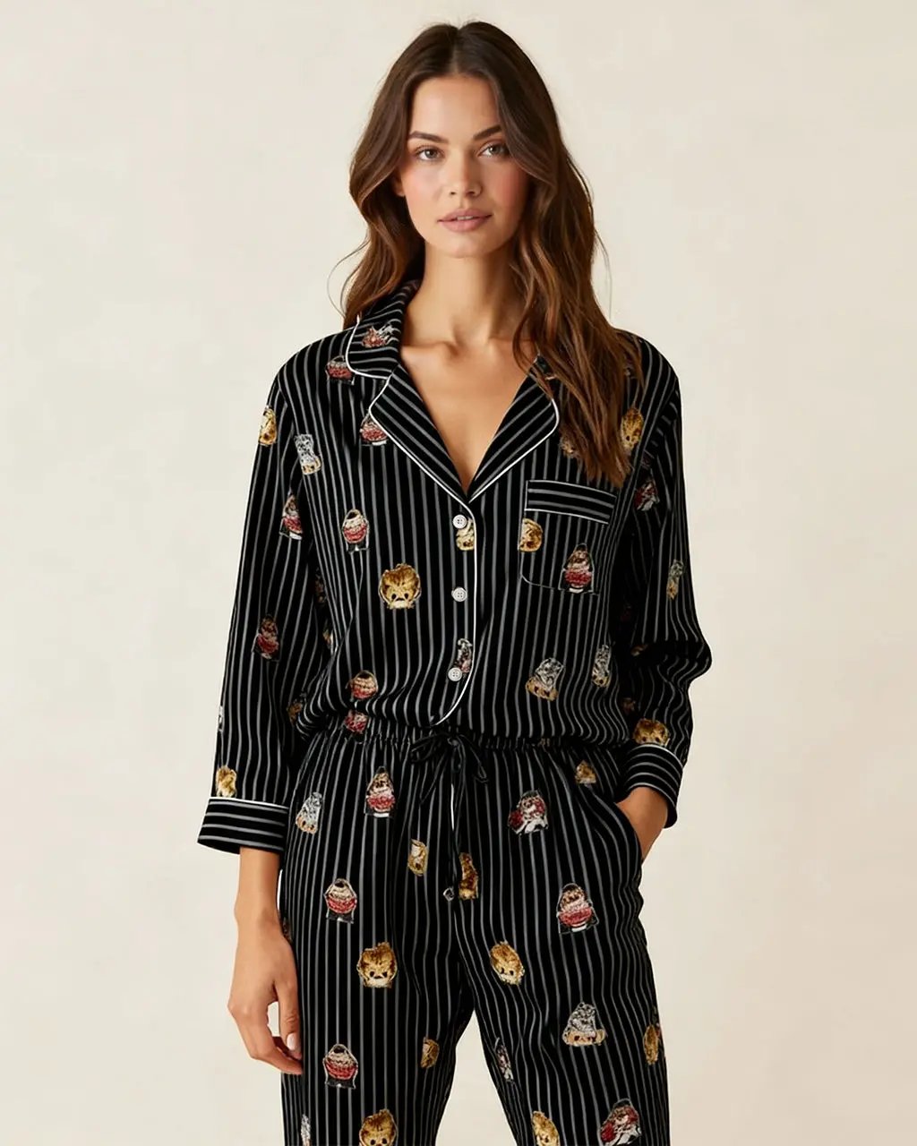 Fine Stripe Abstract Cute Print Lapel Tie-waist Pajama Set OMFORT