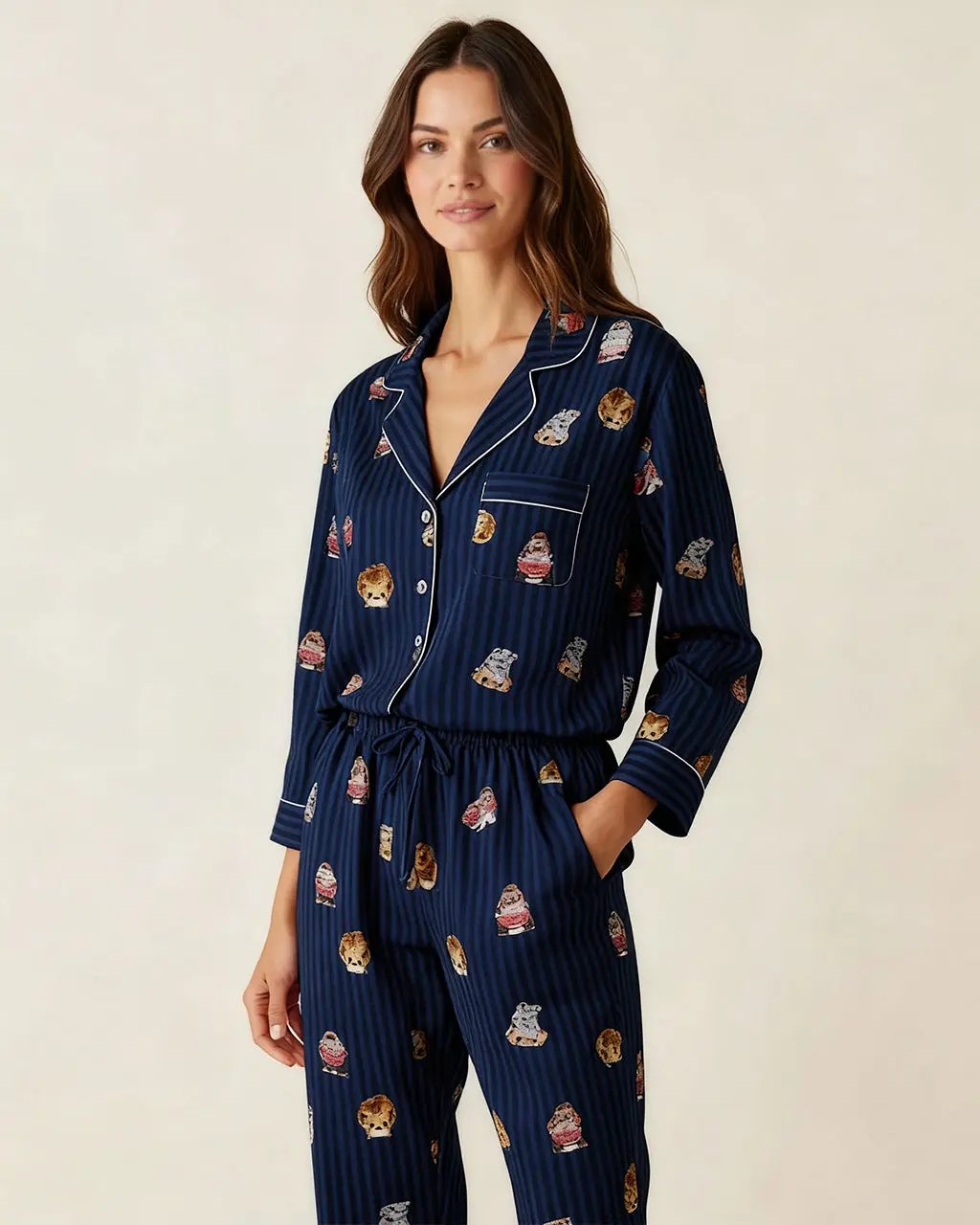 Fine Stripe Abstract Cute Print Lapel Tie-waist Pajama Set OMFORT