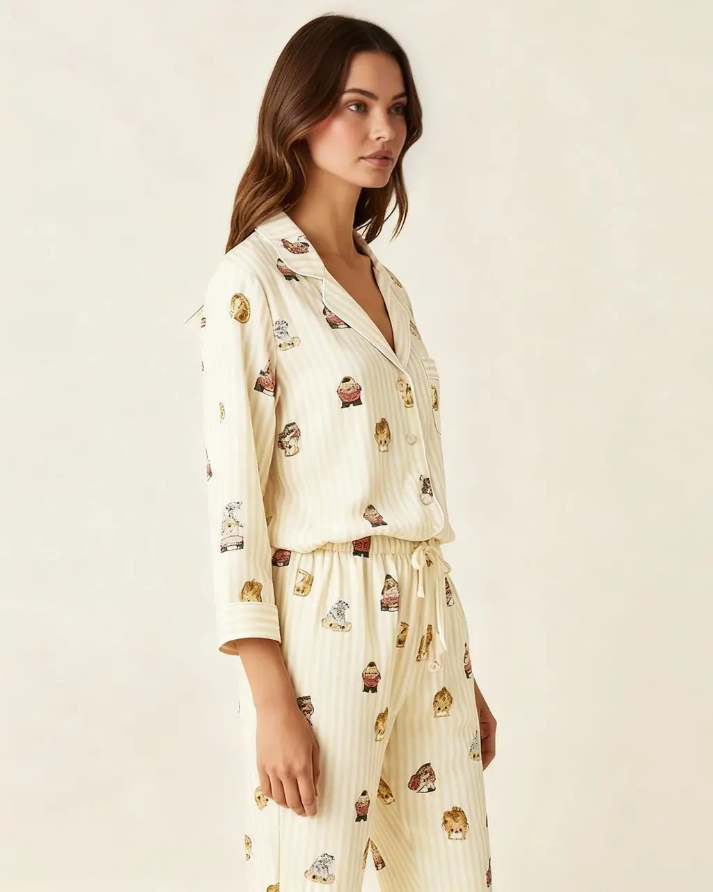 Fine Stripe Abstract Cute Print Lapel Tie-waist Pajama Set OMFORT