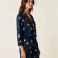 Fine Stripe Abstract Cute Print Lapel Tie-waist Pajama Set OMFORT