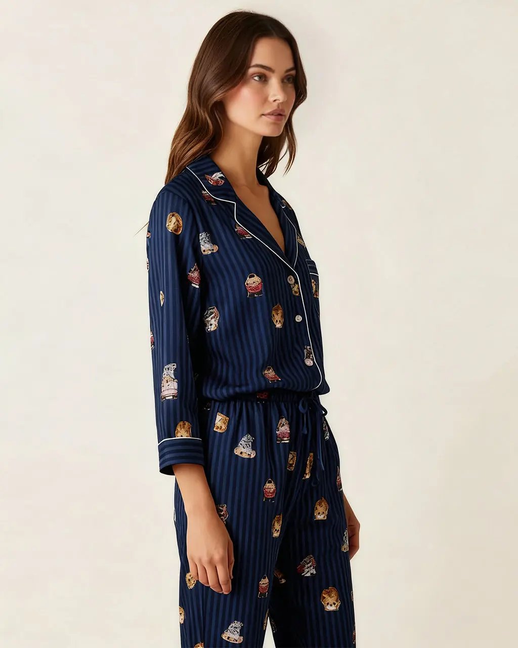 Fine Stripe Abstract Cute Print Lapel Tie-waist Pajama Set OMFORT