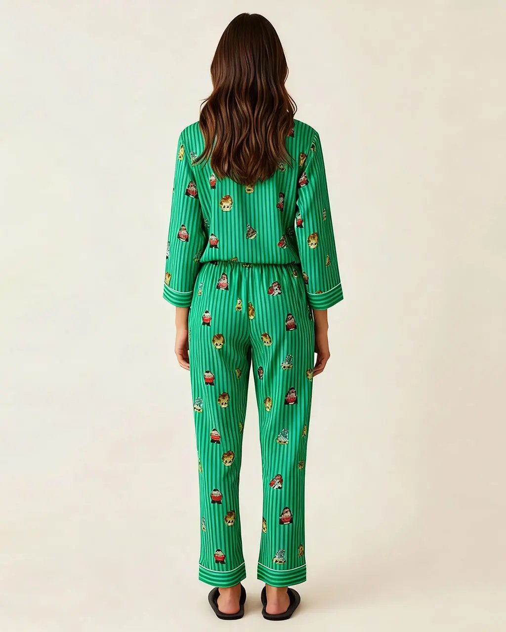 Fine Stripe Abstract Cute Print Lapel Tie-waist Pajama Set OMFORT