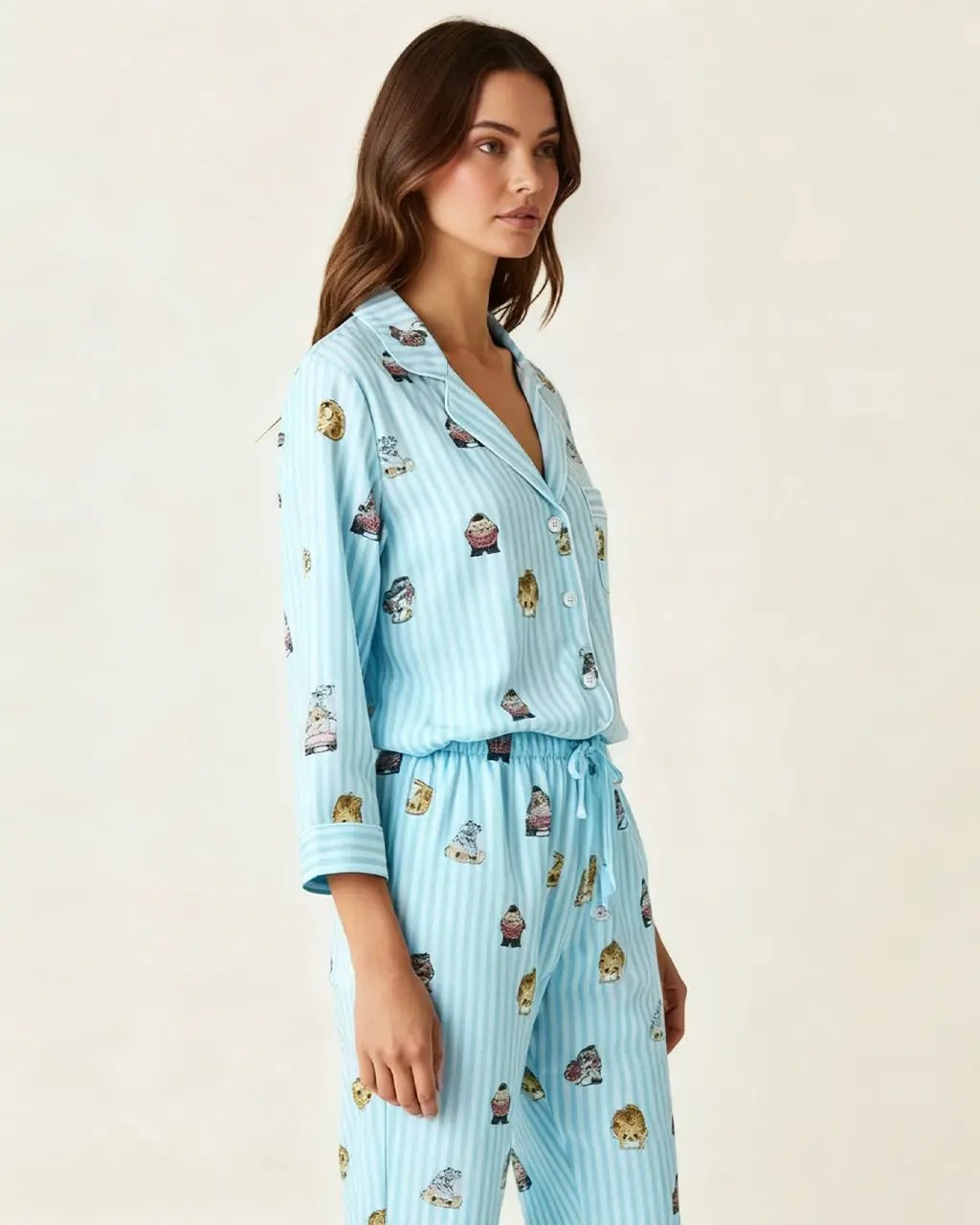 Fine Stripe Abstract Cute Print Lapel Tie-waist Pajama Set OMFORT