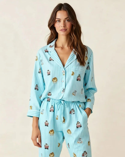 Fine Stripe Abstract Cute Print Lapel Tie-waist Pajama Set OMFORT