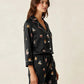 Fine Stripe Abstract Cute Print Lapel Tie-waist Pajama Set OMFORT