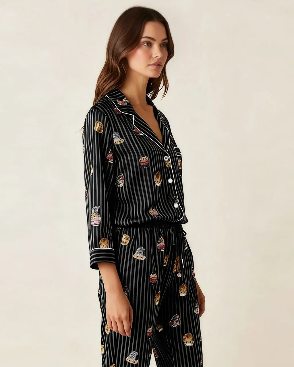 Fine Stripe Abstract Cute Print Lapel Tie-waist Pajama Set OMFORT
