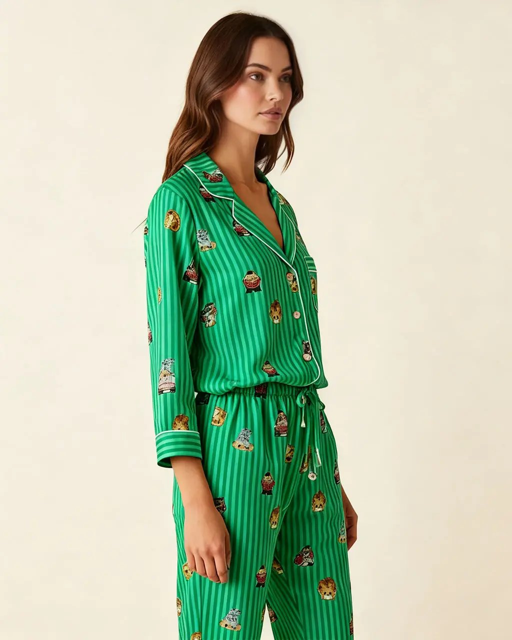 Fine Stripe Abstract Cute Print Lapel Tie-waist Pajama Set OMFORT