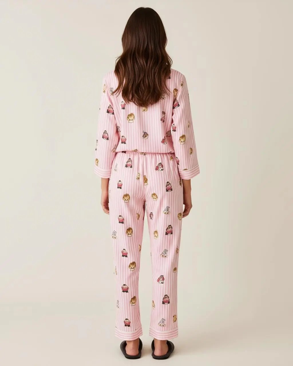 Fine Stripe Abstract Cute Print Lapel Tie-waist Pajama Set OMFORT