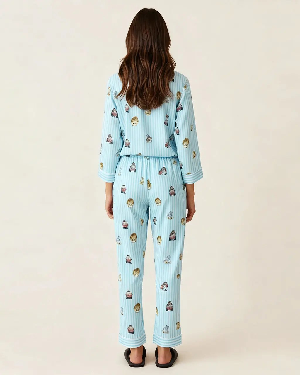 Fine Stripe Abstract Cute Print Lapel Tie-waist Pajama Set OMFORT