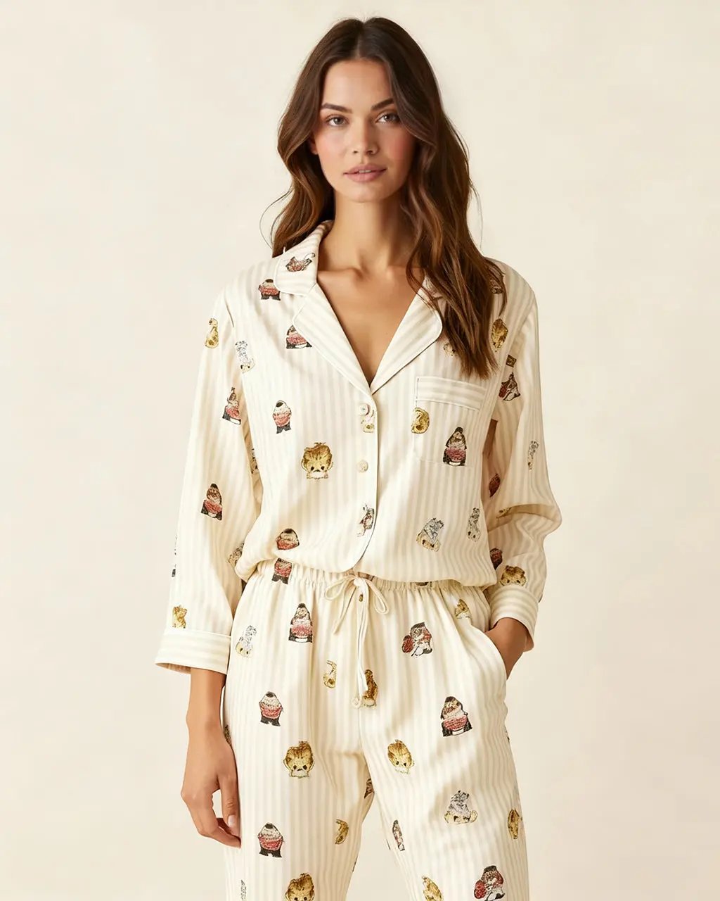 Fine Stripe Abstract Cute Print Lapel Tie-waist Pajama Set OMFORT