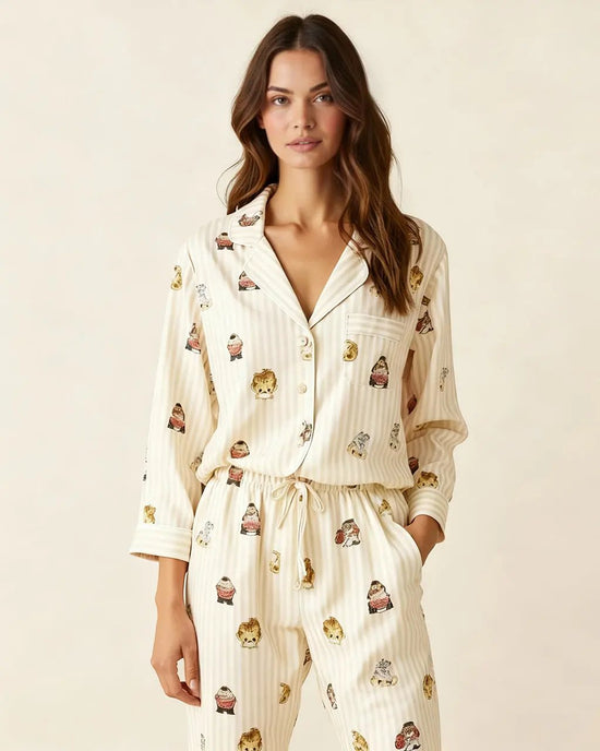 Fine Stripe Abstract Cute Print Lapel Tie-waist Pajama Set OMFORT